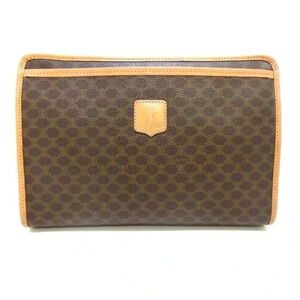 Auth CELINE Macadam Dark Brown Beige PVC Leather Clutch Bag